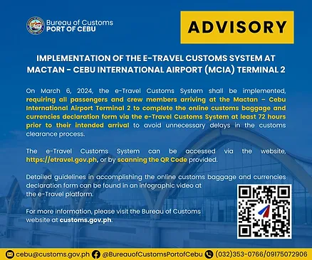 Bureau of Customs Advisory : Le eTravel inclut maintenant la déclaration de douane électronique (e-Travel Customs System)